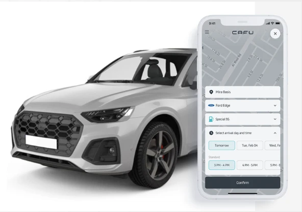 The CAFU app booking a fuel delivery for a car
